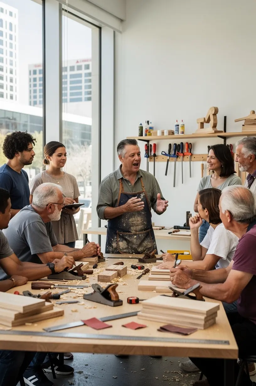 Organized woodworking space with tools and training resources
