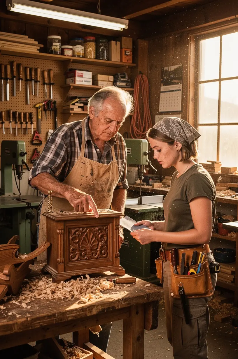 Wood finishing techniques showcased with tools and projects.