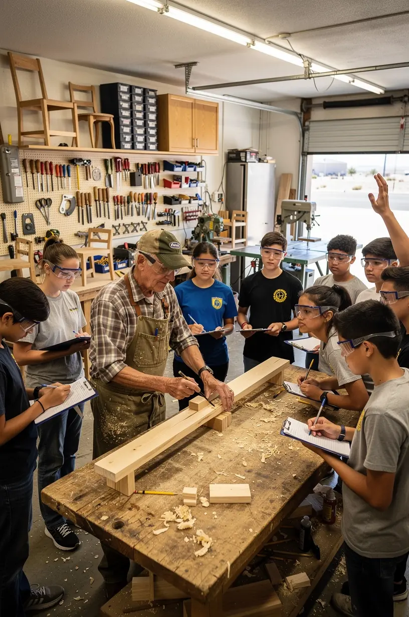 Woodworking finishing products and tools arrangement.